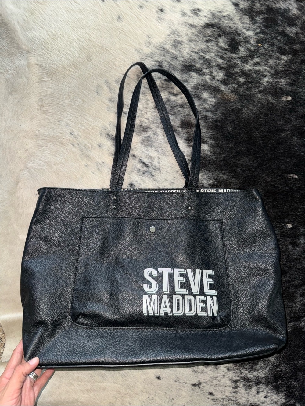Steve Madden Black Faux-Leather Tote with White Logo